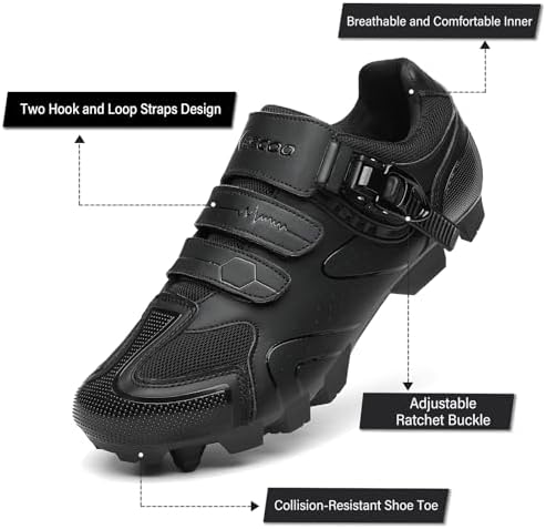 KESCOO Mens Mountain Bike Shoes With 2-Bolts SPD Cleats Included Cycling Shoes With Quick Ratchet Buckle Indoor Outdoor Riding Biking
