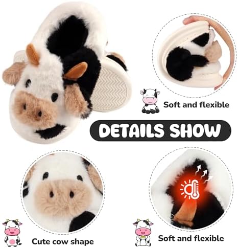 Kids Cow Slippers Toddler Boys Girls Soft Plush House Slippers Cute Animal Winter Comfy Warm Fuzzy Memory Foam Non-slip Indoor Outdoor Shoes