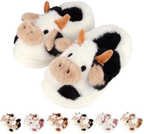 Kids Cow Slippers Toddler Boys Girls Soft Plush House Slippers Cute Animal Winter Comfy Warm Fuzzy Memory Foam Non-slip Indoor Outdoor Shoes