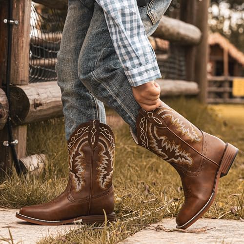 Kids Cowboy Boots For Boys Girls Western Riding Shoes Square Toe Wide Calf Hunting Walking Adventure Toddler Little Big Kid