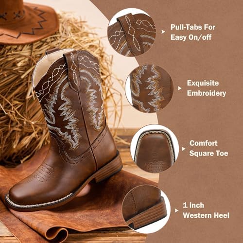 Kids Cowboy Boots For Boys Girls Western Riding Shoes Square Toe Wide Calf Hunting Walking Adventure Toddler Little Big Kid