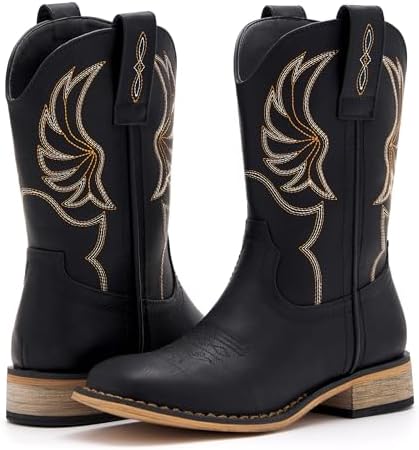 Kids Western Boots For Boys Girls Embroidered Cowgirl Cowboy Boots Square Toe Mid Calf Riding Shoes Little Kid/Big Kid