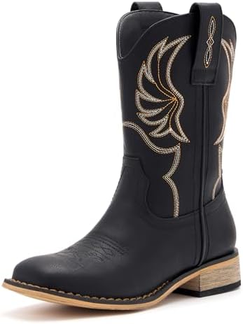 Kids Western Boots for Boys Girls Embroidered Cowgirl Cowboy Boots Square Toe Mid Calf Riding Shoes Little Kid/Big Kid