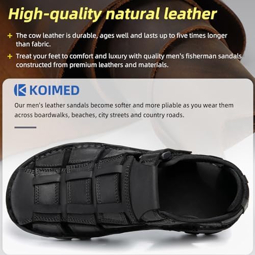 KOIMED Men's Hiking Leather Sandals Closed Toe Water Shoes For Summer Athletic Outdoor Walking Sports Trail River Fishing Wide Adjustable Waterproof Arch Support