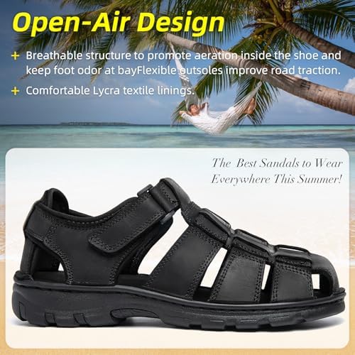KOIMED Men's Hiking Leather Sandals Closed Toe Water Shoes For Summer Athletic Outdoor Walking Sports Trail River Fishing Wide Adjustable Waterproof Arch Support