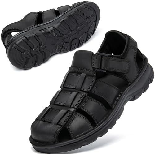 KOIMED Men's Hiking Leather Sandals Closed Toe Water Shoes For Summer Athletic Outdoor Walking Sports Trail River Fishing Wide Adjustable Waterproof Arch Support