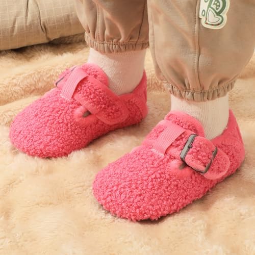 L-RUN Cozy Toddler Slippers Non-slip Boys Girls House Slippers Wide Kids Winter Shoes Warm Adjustable Strap Home Shoes