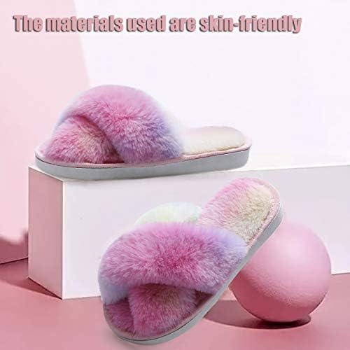 LightFun Girl's Fuzzy Fluffy Furry Slippers Fur Flip Flop Open Toe Kids Slippers Cross Band Shoes Slides For Girls House Home Indoor Outdoor