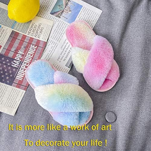 LightFun Girl's Fuzzy Fluffy Furry Slippers Fur Flip Flop Open Toe Kids Slippers Cross Band Shoes Slides For Girls House Home Indoor Outdoor