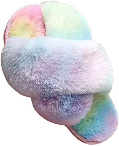 LightFun Girl's Fuzzy Fluffy Furry Slippers Fur Flip Flop Open Toe kids Slippers Cross Band Shoes Slides for Girls House Home Indoor Outdoor