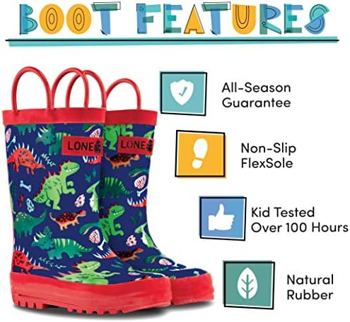 Lone Cone Kids Rain Boots For Girls & Boys – Waterproof Natural Rubber Toddler Rain Boots With Non-Slip Outsole & Easy Pull Handles – Solid Pattern & Glitter Designs