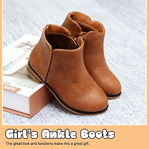 LseLom Girls Ankle Boots For Toddler/Little Kids - Brown Suede Zipper Low-Top Flat Heel Casual