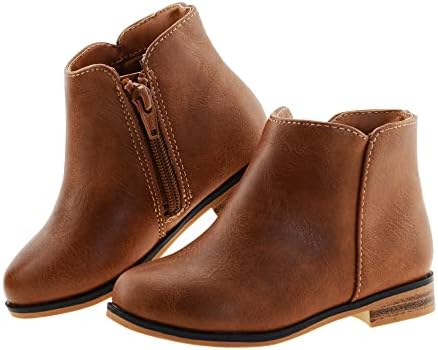 LseLom Girls Ankle Boots for Toddler/Little Kids - Brown Suede Zipper Low-Top Flat Heel Casual