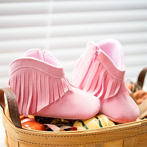 Meckior Baby Girls Cowboy Tassel Boots Side Zipper Moccasins Soft Bottom Non-Slip Toddler Shoe