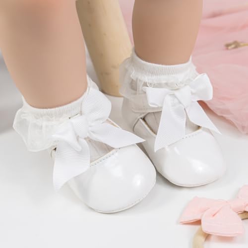 Meckior Infant Baby Girls Soft Sole Bowknot Princess Wedding Dress Mary Jane Flats Prewalker Newborn Light Baby Sneaker Shoes