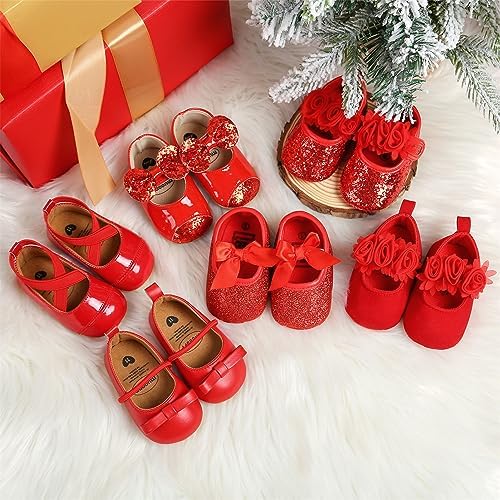 Myppgg Baby Girls Mary Jane Flats Sparkly Bowknot Princess Dress Crib Shoes Non-Slip For Toddler First Walkers