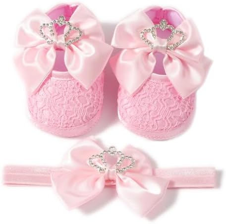 Newbron Baby Girls Mary Jane Shoes with Headband Soft Sole Anti-skidding Crown Bowknot Lace Princess Flats Infant Shower Wedding Dress Crib Shoes
