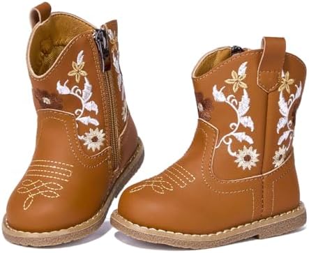 Newsonet Baby Cowboy Cowgirl Boots Infant Western Boots Toddler Boys Girls Round Toe Riding Mid Calf Boots All Seasons for 6 9 12 18 24 Months
