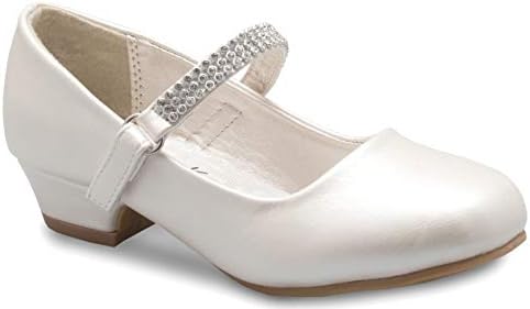 Olivia K Girls Kitten Heels Mary Jane Shoes - Round Toe with Rhinestone Strap- Easy on Off