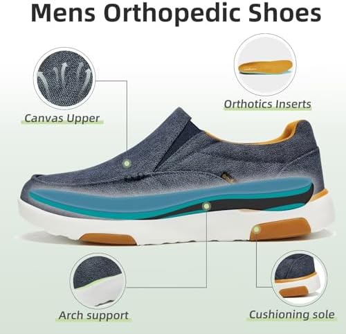 OrthoComfoot Men's Orthopedic Comfortable Slip-On Shoes With Arch Support Orthotic Loafers For Plantar Fasciitis Canvas Leisure Vintage Flat Walking Shoes For Foot And Heel Pain Relief