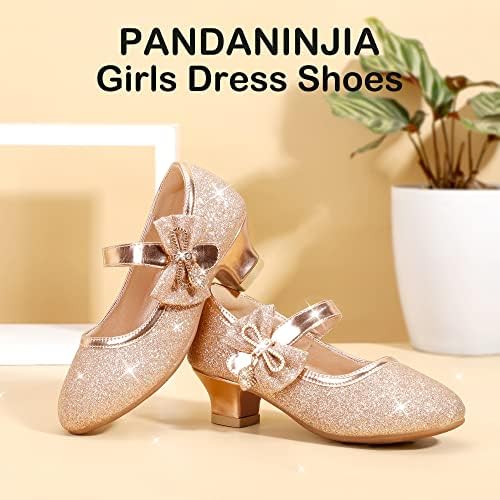 PANDANINJIA Christy Girls Heels Dress Shoes Mary Jane Rhinestone Bows Pumps Low Heel Princess Flower Wedding Party For Toddler Little Kid