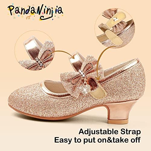 PANDANINJIA Christy Girls Heels Dress Shoes Mary Jane Rhinestone Bows Pumps Low Heel Princess Flower Wedding Party For Toddler Little Kid