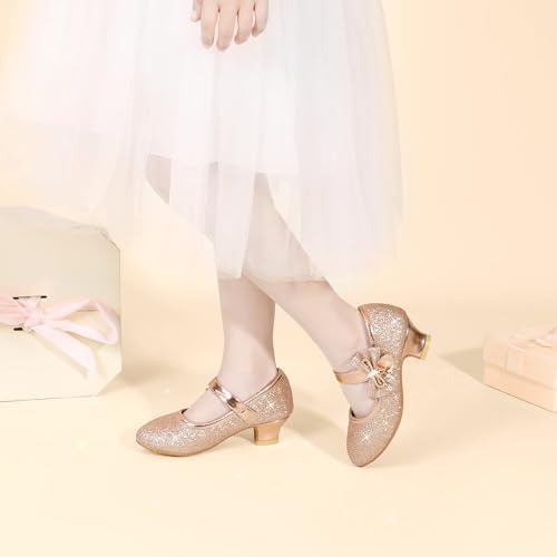 PANDANINJIA Christy Girls Heels Dress Shoes Mary Jane Rhinestone Bows Pumps Low Heel Princess Flower Wedding Party For Toddler Little Kid