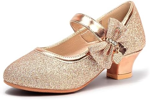 PANDANINJIA Christy Girls Heels Dress Shoes Mary Jane Rhinestone Bows Pumps Low Heel Princess Flower Wedding Party for Toddler Little Kid