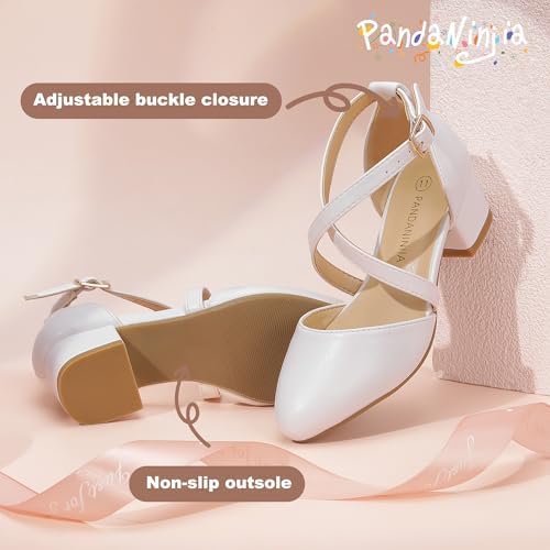 PANDANINJIA Girls Dress Shoes High Heels Flower Girl Pointed Closed Toe Cross Strap Wedding Party Mary Jane Little Big Kid Pump Shoe
