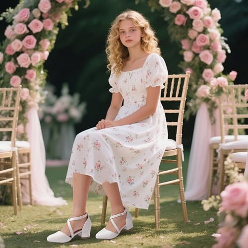 PANDANINJIA Girls Dress Shoes High Heels Flower Girl Pointed Closed Toe Cross Strap Wedding Party Mary Jane Little Big Kid Pump Shoe
