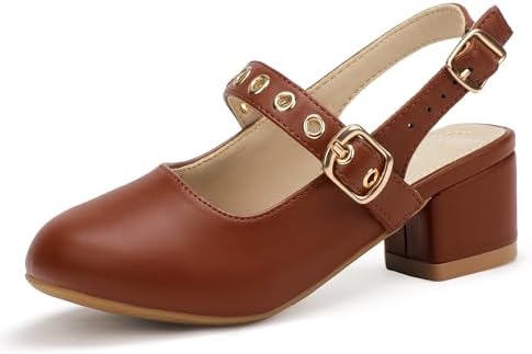 PANDANINJIA Girls Dress Shoes Little Big Kids Mary Jane Low Heels Buckle Round Toe Flower Girl Wedding Church Party School Pump Shoes