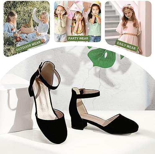 PANDANINJIA Girls Heels Dress Shoes Flower Girl Closed Toe Heels Ankle Strap Wedding Party School Miya Toddler Little Big Kid Pump Shoes