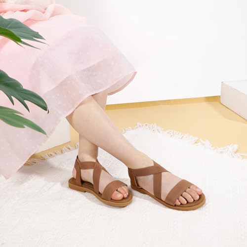 PANDANINJIA Girls Sandals Slip-on Elastic Ankle Cross Strappy Gladiator Dress Sandals Flats Summer Shoes Little Big Kids Sandals