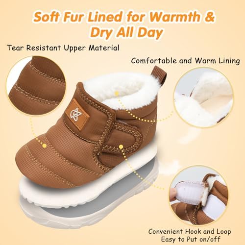 QFH Baby Boys Girls Winter Warm Shoes Cozy Fleece Snow Boots Toddler Non-Slip Walking Shoes Infant Outdoor Water Resistance Faux Fur Booties