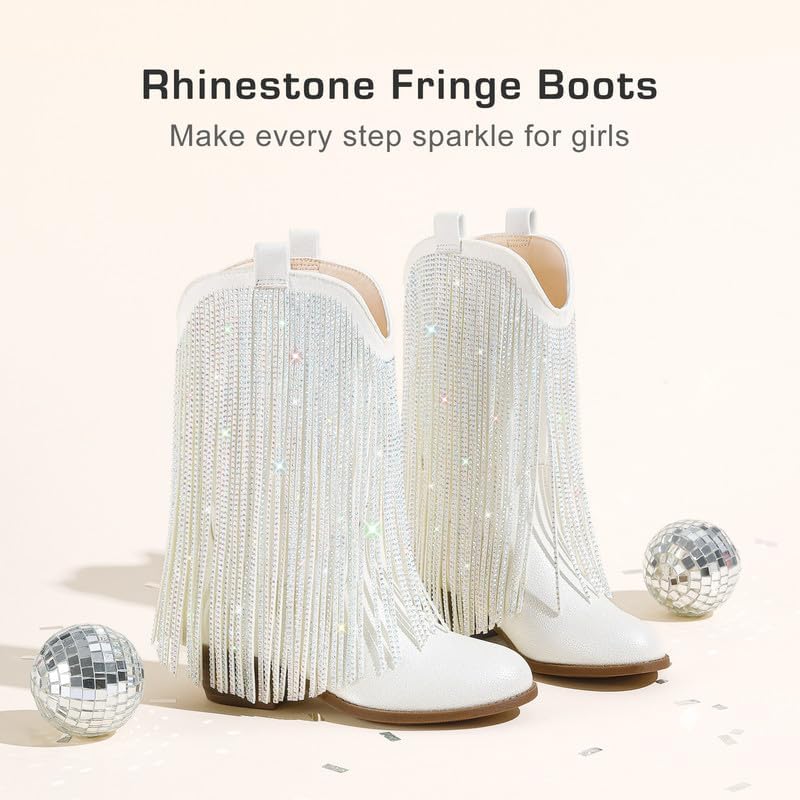 Rhinestone Fringe Cowgirl Boots For Girls Mid Calf Pointed Toe Cowboy Boots For Toddler Little Big Kids Party Country