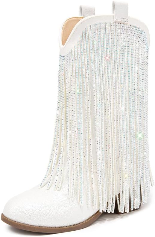 Rhinestone Fringe Cowgirl Boots for Girls Mid Calf Pointed Toe Cowboy Boots for Toddler Little Big Kids Party Country