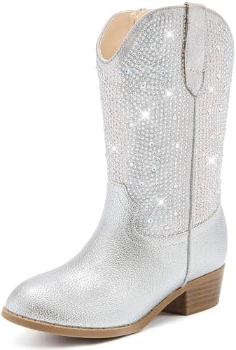 Rhinestone Sparkly Girls Cowgirl Cowboy Boots Little Kids Dress Boot Pointed Toes Low Heel Mid Calf Zipper Party Birthday Toddler to Big Kid