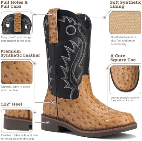 Rollda Boys Cowboy Boots Kids Western Boots Square Toe Girls Cowgirl Boots For Toddler/Little Kid/Big Kid