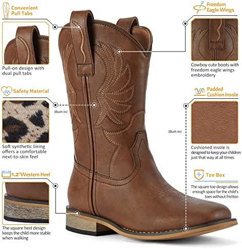 Rollda Kids Cowboy Boots For Boys Girls Western Square Toe Cowgirl Boots With Walking Heel (Toddler/Little Kid/Big Kid)