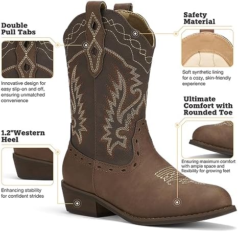 Rollda Kids Cowboy Boots Western Round Toe Cowgirl Boots For Boys Girls Toddler/Little Kid/Big Kid