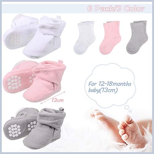 SATINIOR 3 Pairs Unisex Cozy Fleece Baby Booties With 3 Pairs Infant Cotton Socks