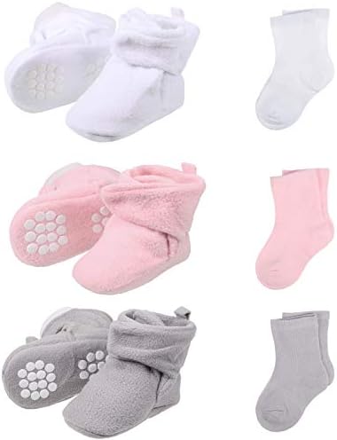 SATINIOR 3 Pairs Unisex Cozy Fleece Baby Booties with 3 Pairs Infant Cotton Socks