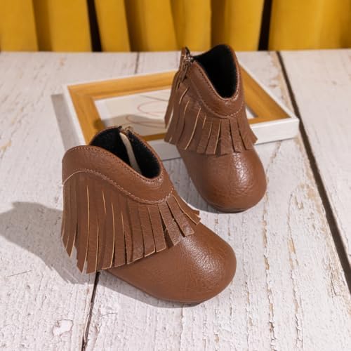 Sawimlgy Infant Baby Boys Girls Plush Winter Snow Boots Cowboy Tassels Bowknot Ankle Side Zipper Soft Sole Boots Toddler Newborn Warm First Walker Crib Outdoor Shoes