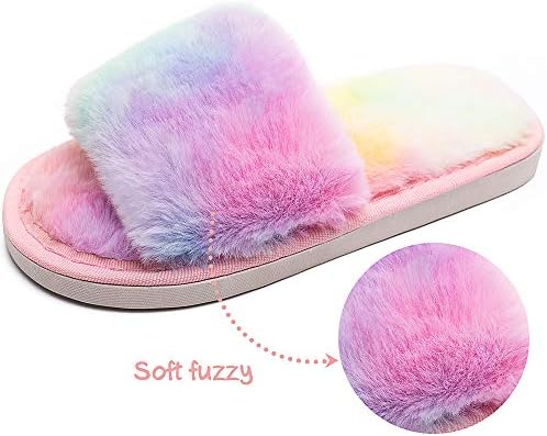 Techcity 男孩女孩毛绒屋拖鞋可爱舒适人造毛皮一脚蹬蓬松毛绒露趾家居拖鞋儿童室内户外保暖鞋