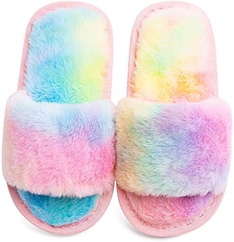 Techcity Boys Girls Fuzzy House Slippers Cute Comfy Faux Fur Slip On Fluffy Plush Open Toe Home Slides For Kids Indoor Outdoor Warm Shoes