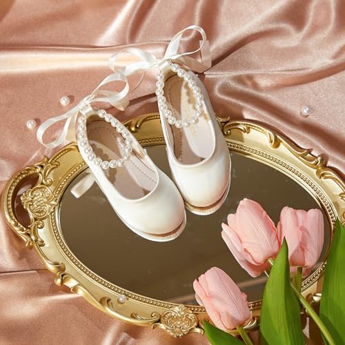 Toddler Flower Girl Dress Shoes - Little Girl Ballet Flats Pearl Strap For Wedding Party