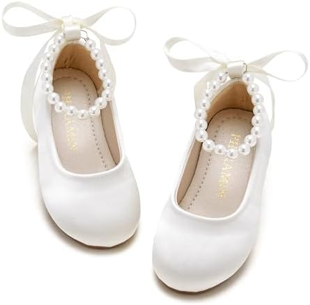 Toddler Flower Girl Dress Shoes - Little Girl Ballet Flats Pearl Strap for Wedding Party