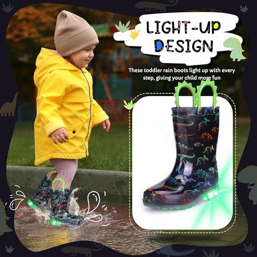 Toddler Kids Rain Boots - Light Up Boys Rainboots Boots Waterproof Lightweight Outdoor Shoes With Easy-On Handles (Toddler/Little/Big Kids)