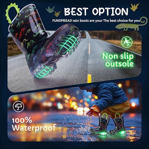 Toddler Kids Rain Boots - Light Up Boys Rainboots Boots Waterproof Lightweight Outdoor Shoes With Easy-On Handles (Toddler/Little/Big Kids)