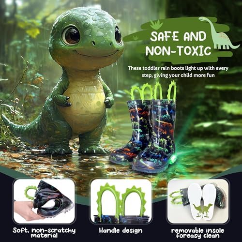Toddler Kids Rain Boots - Light Up Boys Rainboots Boots Waterproof Lightweight Outdoor Shoes With Easy-On Handles (Toddler/Little/Big Kids)